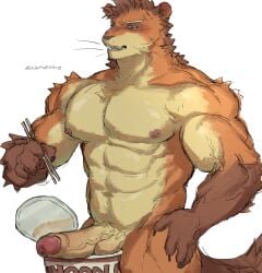 absurd_res anthro balls caphetrung choi_yuhyun erection foreskin genitals hi_res humanoid_genitalia humanoid_penis male mammal muscular muscular_male mustelid musteline nipples pecs penis simple_background solo true_musteline weasel white_background xxl_woofia