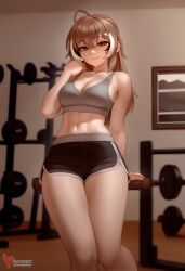 1girls 2d ai_generated ass barefeet big_ass breasts brown_hair erophoenix feet female female_focus full_body gym hairclip hololive hololive_english hololive_english_-council- hololive_english_-promise- indoors looking_at_viewer medium_breasts nanashi_mumei navel patreon_username short_shorts shorts solo solo_female sports_bra sweat thick thick_thighs toes uncensored virtual_youtuber vtuber