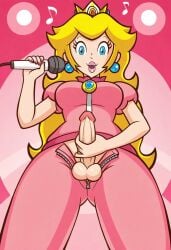 accurate_art_style ai_generated balls clothed futanari intersex looking_at_viewer mario_(series) masturbation microphone music nintendo penis penis_out princess_peach singing solo super_princess_peach testicles
