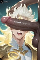 black_cock cock_in_front_of_face gay holding_head li_bai_(honor_of_kings) open_mouth