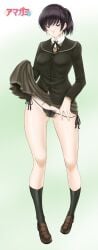 1girls amagami black_eyes black_panties black_pubic_hair black_socks dark_hair kutani light-skinned_female light_skin panties pubic_hair school_uniform see-through see-through_panties short_hair skirt_lift tsukahara_hibiki