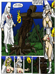 1boy 1girls blonde_hair breasts dark-skinned_male dark_skin english_text illustrated-interracial interracial ku_klux_klan large_breasts racism the_n_word