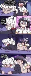 2girls angel ass ass_grab azazel_(helltaker) blush butt_sniffing comic demon demon_girl demon_horns demon_tail dialogue eating_ass female glasses halo heart-shaped_pupils helltaker horns on_stomach pandemonica_(helltaker) pants_down pencil_skirt red_eyes rimming sniffing_ass tail text white_hair y4kutch0