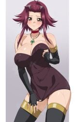 bangs_pinned_back bar_censor bare_shoulders black_gloves black_thighhighs blush breasts brown_dress brown_eyes censored choker closed_mouth collarbone commentary commission covered_nipples dress dress_tug elbow_gloves female fuooooo gem gloves green_gemstone grey_background hair_ornament highres izayoi_aki jewelry large_breasts looking_at_viewer medium_hair necklace no_panties pink_hair pixiv_commission red_choker solo strapless strapless_dress sweat thighhighs thighs tube_dress yu-gi-oh! yu-gi-oh!_5d's