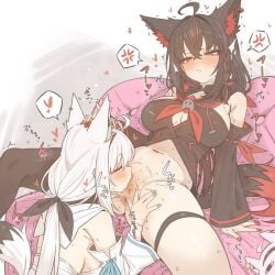 2girls ahoge anger_vein animal_ears anus black_hair black_shirt black_sleeves braid breasts censored closed_eyes cunnilingus detached_sleeves fox_ears fox_girl fox_tail hair_between_eyes heart highres hololive kurokami_fubuki large_breasts long_hair mosaic_censoring multiple_girls navel oral pussy red_eyes shirakami_fubuki shiroi_yoru shirt single_braid spoken_anger_vein spoken_heart spread_pussy tail thigh_strap thighs virtual_youtuber white_hair white_shirt white_sleeves yuri