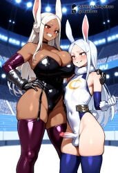 1boy _long_hair ai_generated animal_ears bare_shoulders black_choker black_leotard blue_gloves blue_thighhighs blurry_background blush boku_no_hero_academia breasts bulge censored choker cleavage closed_mouth collarbone covered_navel covered_testicles crescent_print crossdressing dark-skinned_female dark_skin elbow_gloves embarrassed erection erection_under_clothes female fur_collar fur_trim futa_with_male futanari garter_straps gauntlets genderswap_(ftm) gloves grin hand_on_another's_shoulder hand_on_own_hip highleg highleg_leotard huge_breasts large_breasts leotard long_eyelashes long_hair looking_at_another male_playboy_bunny mirko miruko my_hero_academia mykibuu otoko_no_ko parted_bangs penis penis_size_difference playboy_bunny purple_gloves purple_thighhighs rabbit_ears rabbit_girl rabbit_tail red_eyes rule_63 skindentation sleeveless_turtleneck_leotard small_penis smile stage_lights standing straight strapless strapless_leotard tail taut_leotard testicles thighhighs thighs wavy_mouth white_gloves white_hair white_leotard