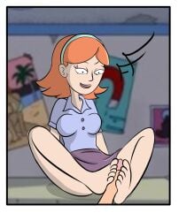 1boy 1girls 4:5 animated clothed_female_nude_male cumshot foot_fetish foot_folk footjob ginger_hair jessica_(rick_and_morty) light-skinned_female light-skinned_male light_skin looking_at_viewer male/female medium_breasts orange_hair rick_and_morty shorter_than_10_seconds skirt straight tagme vertical_video video