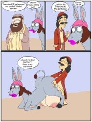 1girls 2boys ambiguous_penetration breasts comic dialogue donkey family_guy from_behind_position huge_breasts human_on_feral interspecies lipstick male/female maxtlat meg_griffin meg_griffin_(donkey) palestine palestine_(countryhumans) peter_griffin prostitution rape sex speech_bubble talking teats what wtf