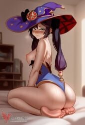 1girls 2d ai_generated ass big_ass breasts erophoenix female female_focus full_body genshin_impact leotard long_hair looking_at_viewer medium_breasts mona_(genshin_impact) nipples patreon_username solo solo_female sweat thick thick_thighs uncensored undressing witch_hat
