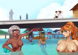 3boys 4girls aikiyun breasts clothed_female clothed_male faunus female fish_tail male multiple_boys multiple_girls nude_female nude_male orange_hair orange_hair_female oscar_pine pointing ponytail ruby_rose rwby sun_hat wet_body white_hair white_hair_female