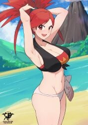 :d absurdres arm_behind_head armpits arms_up artist_logo artist_name bandeau bare_shoulders bikini bikini_bottom_only black_shirt blue_sky blush breasts cleavage cloud cloudy_sky collarbone crop_top dirt_road female flannery_(pokemon) hair_tie highres hill kaos_art large_breasts logo long_hair looking_at_viewer navel nintendo open_mouth outdoors patreon_username pokemon pokemon_oras ponytail red_bandeau red_eyes red_hair river road sand shirt side-tie_bikini_bottom sideboob sky sleeveless sleeveless_shirt smile solo split_ponytail standing stomach strapless swimsuit thick_thighs thighs tied_shirt v-shaped_eyebrows volcano water white_bikini