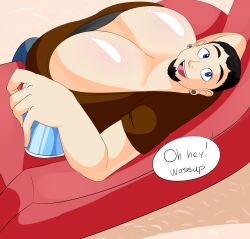 1boy big_breasts black_hair breasts_bigger_than_head busty busty_boy cleavage denizen1414 friendly huge_breasts looking_at_viewer looking_up_at_viewer male male_cleavage male_focus male_only male_with_breasts solo solo_focus solo_male