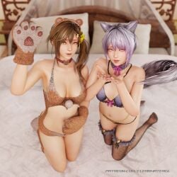 2girls alluring bed breasts brown_eyes brown_hair cat_gloves clearwatergl dead_or_alive dead_or_alive_xtreme_venus_vacation female lavender_hair lingerie medium_breasts misaki_(doa) on_bed pin_up shizuku_(doa) tecmo