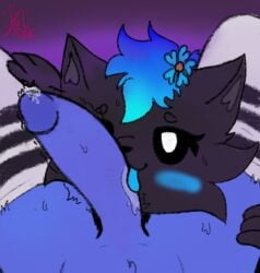 accessory ambiguous_gender anthro big_penis black_body black_fur black_sclera blue_body blue_fur blue_hair bodily_fluids canid canine canis clothing domestic_cat domestic_dog duo felid feline felis first_person_view flower flower_in_hair fur genital_fluids genitals german_shepherd hair hair_accessory hand_on_leg hand_on_thigh herding_dog hi_res koda_(thenappingvessel) legwear licking male male/ambiguous mammal mob_entertainment oral pastoral_dog penile penis penis_lick plant poppy_playtime precum saliva saliva_on_penis sammie_(viktasilvertail) sex smiling_critter_oc smiling_critters sweat thenappingvessel thigh_highs throbbing throbbing_penis tongue