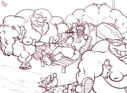 2021 2d aku_aku anthro anthro_male armpit_hair bara bobthetanuki crash_(series) crash_bandicoot crunch_bandicoot excessive_armpit_hair fake_crash furaffinity_link furry furry_male humanoid humanoid_male male male_focus male_only monochrome pinstripe_potoroo snout tagme ugly_man video_games yaoi
