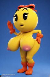 1girls 3d ai ai_generated ass bandai_namco black_eyebrows black_eyes blue_background bluesky_username boots bow breasts female female_focus female_only freckles freckles_on_ass freckles_on_breasts gloves hand_on_ass hand_on_butt ms._pac-man naked naked_female namco nipples nude nude_female open_mouth orange_boots orange_gloves pac-man_(series) perry_cracker red_bow saggy_breasts standing standing_female twitter_link twitter_username watermark yellow_body