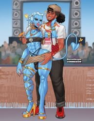 absurd_res biped blazinahegao blue_body blue_hair bottomwear bulge clothed clothing crossdressing demon demon_humanoid detailed_bulge duo eye_contact eyelashes femboy footwear genital_outline hair hi_res high_heels human human_on_humanoid humanoid interspecies kiss_mark larger_male looking_at_another looking_back male male/male mammal miniskirt nipple_fetish nipple_piercing nipple_pinch nipple_play nipples not_furry panties penis penis_outline piercing pinch public pupils shoes size_difference skirt smile spade_tail tail thick_thighs underwear wide_hips