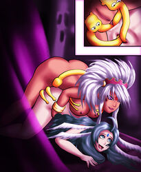 2girls ansuz ass breasts color dark-skinned_female dark_skin demon_girl double_penetration facial_markings female goddess hild humanoid long_hair mature medium_breasts milf mother multiple_girls nude oh_my_goddess! pale-skinned_female pale_skin saittamicus shaved_pussy tentacle white_hair yuri