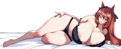 animal_ears areola_slip bed_sheet black_bra black_panties blue_bow blue_eyes blush bow bra breasts brown_hair cleavage ear_bow female full_body grin highres horse_ears horse_girl huge_breasts jiang_ethan lace lace-trimmed_bra lace_trim long_hair looking_at_viewer maruzensky_(umamusume) panties simple_background smile solo strap_slip twitter_username umamusume underwear underwear_only white_background