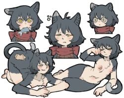 :3 black_hair boobs_out breasts cat_ears cat_tail catgirl delicious_in_dungeon dungeon_meshi female flat_chest izutsumi laying_down nude pantsu_ripper small_breasts yellow_eyes