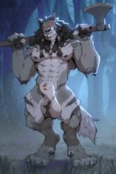 animal_genitalia axe ball_tuft balls beard black_nipples braided_beard braided_mane canid canine canine_genitalia claws facial_hair fangs finger_claws fur furgonomics furry-specific_piercing genital_piercing genitals grey_body grey_fur hi_res male mammal mjodvitnir muscular muscular_male mythological_canine mythological_creature mythology nipples patto piercing red_eyes sheath sheath_piercing smile solo tail teeth toe_claws tuft werecanid werecanine werecreature werewolf