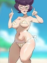 1girls big_breasts bikini bikini_bottom bikini_top bottomwear breasts cleavage dotted_bikini eyewear female female_only glasses green_eyes hair hips incogumbrella lips lipstick mature mature_female mature_woman milf one_eye_closed pink_glasses pokemon pokemon_sm purple_hair purple_lips purple_lipstick solo solo_female swimwear thighs topwear wicke_(pokemon) wink winking yellow_bikini
