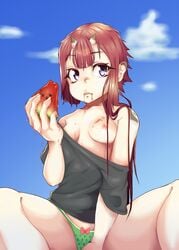 asymmetrical_hair bow bow_panties breasts brown_hair coffeechicken cute_fang female horns nipples off_shoulder one_breast_out open_mouth original outdoors panties purple_eyes solo underwear watermelon