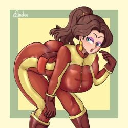1girls anekoe98 ass bodysuit brown_hair female large_breasts leaning_forward mario_(series) mario_kart mario_kart_world nintendo pauline ponytail solo super_mario_bros.