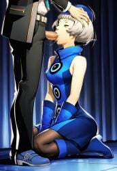 1boy :>= ai_generated atlus blue_dress boots breasts clothed_sex elizabeth_(persona) fellatio female from_side full_body gloves half-closed_eyes head_grab kneeling makoto_yuki male medium_breasts motion_lines murasaru7 oral pantyhose penis persona persona_3 persona_3_fes persona_3_portable persona_3_reload saliva short_hair sleeveless sleeveless_dress sloppy_blowjob straight uncensored vacuum_blowjob vacuum_fellatio white_hair yellow_eyes