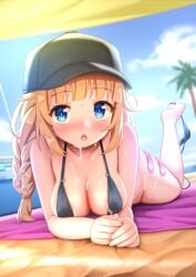 areola_slip barefoot baseball_cap bikini bikini_bottom_pull black_hat blonde_hair blue_eyes braid breasts cedar_(cedar_japonica) condom cum cum_on_ass cum_on_body cum_on_breasts cum_on_hair facial female hat long_hair looking_at_viewer lying on_stomach paripi_koumei short_twintails sky soles solo swimsuit tsukimi_eiko twin_braids twintails used_condom