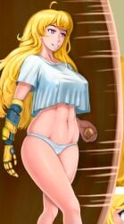 1girls blonde_female blonde_hair cigma half-dressed long_hair long_hair_female no_pants opening_door panties purple_eyes robotic_arm rwby solo_female yang_xiao_long