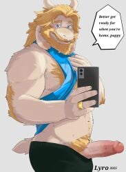 2025 absurd_res anthro artist_name asgore_dreemurr big_penis blue_eyes bovid caprine cellphone clothed clothing digital_drawing_(artwork) digital_media_(artwork) electronics english_text genitals goat hi_res looking_at_viewer lyrobr male mammal penis phone selfie signature solo talking_to_another talking_to_viewer text undertale_(series)