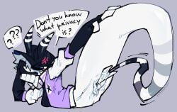 bodily_fluids btascandalist cropped_jacket cross-popping_vein female genital_fluids genitals ghost hand_on_tail humanoid legless lying nonbinary_(lore) not_furry on_front presenting presenting_vulva purple_background question_mark simple_background solo spade_tail spirit split_form striped_body stripes tail tail_fetish tail_on_pussy vaginal_fluids vaginal_penetration vulva white_body