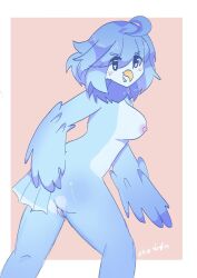 1girls avian beak big_breasts bird blue_body blue_feathers blue_hair blush looking_at_viewer martlet_(undertale_yellow) shirlxt solo solo_female solo_focus tagme undertale undertale_(series) undertale_yellow winged_arms wings
