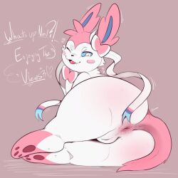 alikiwii anus ass backsack balls big_butt blue_eyes cocostinks cute_fangs dialogue ear_bow eeveelution english_text fangs femboy feral fur generation_6_pokemon genitals hi_res long_ears looking_at_viewer lying male nintendo on_side one_eye_closed perineum pink_body pink_fur pokemon pokemon_(species) presenting presenting_anus presenting_hindquarters seductive solo spread_butt spreading sylveon talking_feral teeth text white_body white_fur wide_hips wink winking_at_viewer