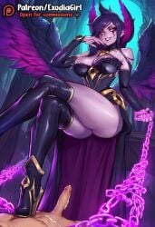 1boy 1girls ai_generated angel big_breasts breasts chained chained_up clothed clothing cum cum_drip cum_on_body dominant_female erection exodia_girl female_on_top femdom grin large_breasts league_of_legends morgana riot_games smaller_male smile smirk struggling submissive_male taller_female taller_girl watermark wings