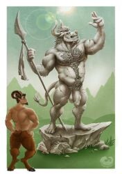 anthro bovid bovine brown_body brown_fur brown_hair brown_horn cattle chumbasket eyewear fur genital_piercing genitals glasses hair hi_res horn humanoid humanoid_genitalia humanoid_penis male mammal musclegut muscular muscular_anthro muscular_humanoid muscular_male outside penis penis_piercing piercing prince_albert_piercing satyr sculpture short_hair smile solo standing statue tan_body tan_skin