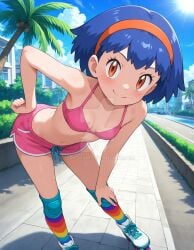2025 4kids_entertainment ai_generated anime belly bikini_under_shorts blue_eyebrows blue_hair_female city_background closed_mouth closed_mouth_smile deviantart elryusam hand_on_hip hand_on_leg looking_at_viewer meta miette_(pokemon) mouth_closed nintendo orange_eyes_female orange_hairband pink_bikini pink_shorts pokemon rainbow_socks red_cheeks roller_skates smile_at_viewer smiling_at_viewer sports_legwear tummy
