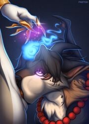 anthro bat_wings beaded_jewelry beaded_necklace beads blowjob_face blue_fire bracelet canid canine cheek_bulge colored_fire deep_throat duo fellatio fire gold_(metal) gold_bracelet gold_jewelry golden_claws hi_res horn hypnosis jewelry magic male male/male mammal membrane_(anatomy) membranous_wings mind_control neck_bulge neck_tuft necklace oral oral_penetration pawtish penetration penile sex tuft white_body wings