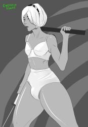 1boy black_and_white bra cosplay crossdressing emeraldlewds femboy feminine_male monochrome nier:_automata panties yorha_2b_(cosplay)