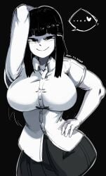 1girls 2d 2d_(artwork) armpit_peek big_breasts black_background black_eyes black_hair button_down_shirt digital_media_(artwork) hand_on_hip heart_symbol long_hair looking_at_viewer monoe pale_skin plain_background shavin65 short_sleeves signature skirt smug speech_bubble white_skin yume_nikki