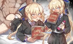 1boy absurdres aesc_(fate) ass black_bow black_shirt black_skirt blonde_hair blue_eyes blush book bow breasts clothed_female_nude_male clothed_sex collared_shirt commentary fate/grand_order fate_(series) female glasses hairbow highres holding holding_sex_toy kama_sutra_(book) long_hair long_sleeves looking_at_viewer medium_breasts multiple_views nude open_book pleated_skirt ponytail radishkek round_eyewear school_uniform sex sex_from_behind sex_toy shirt skirt straight very_long_hair white_shirt