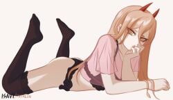 1girls bikini bikini_visible_through_clothes black_bikini black_panties black_thighhighs blonde_hair chainsaw_man clothed_sex demon_horns devil_horns hand_on_head isavi knees_up legs legs_up long_hair looking_at_viewer low-angle_view lying_down lying_on_stomach panties pink_shirt power_(chainsaw_man) shirt side_view thighhighs thighs yellow_eyes