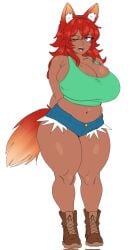 big_breasts boots female fox_ears fox_girl fox_tail huge_breasts huge_thighs jean_shorts jeans johnv looking_away mole mole_on_breast one_eye_closed re-logic slightly_chubby terraria thick_thighs tummy zoologist_(terraria)