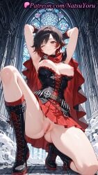 1girls 2025 ai_generated armpit armpits arms_behind_head ass_visible_through_thighs belt black_footwear black_hair boots breasts cape cloak corset cross-laced_footwear hi_res highres knee_boots kneehighs lace-up_boots looking_at_viewer natsuyoru nipples no_panties on_one_knee one_eye_closed one_knee patreon pussy red_cape red_eyes red_hair ruby_rose rwby rwby_ice_queendom short_hair skirt smile socks solo thighs uncensored vagina voluptuous voluptuous_female