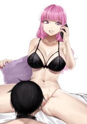 1boy absurdres ass black_bra black_hair blunt_bangs blurry bondage bra breasts cellphone collar depth_of_field dorozumi female grin highres holding holding_phone large_breasts long_hair mole mole_under_mouth navel original partially_visible_vulva phone pillow pink_hair pink_lips purple_eyes red_nails sitting smartphone smile spread_legs stomach straight sweat talking_on_phone underwear