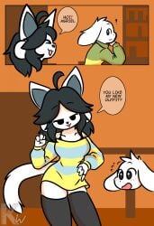 1boy1girl 2d anthro asriel_dreemurr black_bra black_eyes black_hair black_thighhighs commission female imminent_sex indoors kangwolf looking_at_another male striped_clothing temmie_(undertale) text thighhighs undertale white_fur