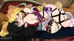 2girls areolae black_hair blonde_hair blush breasts fingering kissing large_breasts long_hair milla_maxwell multiple_girls nipples red_eyes saliva_trail shiny_skin symmetrical_docking tagme tales_of_(series) tales_of_berseria tales_of_xillia tongue torn_clothes velvet_crowe watermark yellow_eyes yuri