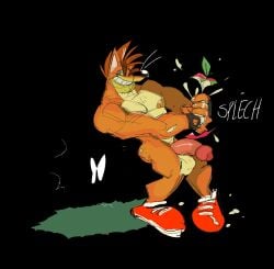1boy 2022 anthro apple ass balls bandicoot bara black_background clenched_teeth crash_(series) crash_bandicoot fingerless_gloves footwear green_eyes male male_only marsupial muscular nipples orange_fur penis senedjem_(artist) simple_background solo video_games