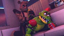 alligator alligator_tail alligatorid alligatorid_humanoid animatronic anthro anthro_male azphyr bear biceps black_nails blue_eyes blue_nails bowtie clawed_fingers claws crocodile crocodile_tail crocodilian crocodylid eye_wear face_paint facial_markings fingerless_gloves five_nights_at_freddy's five_nights_at_freddy's:_security_breach fnaf gay_sex glamrock_freddy_(fnaf) green_body green_scales green_skin long_nails machine male male/male mohawk mohawk_(hairstyle) montgomery_gator_(fnaf) muscles muscular muscular_anthro muscular_body muscular_furry muscular_male non_human red_eyes red_hair reptile reptile_humanoid robot robot_anthro robot_humanoid scales scalie scottgames shades sharp_teeth shoulder_pads spiked_bracelet spikes spotted_body star_shades steel_wool_studios sunglasses tail_markings tan_body top_hat two_tone_body ursid ursid_humanoid ursine yellow_body yellow_scales yellow_skin